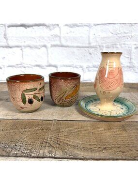 VTG Signed Hand Painted Greek Art Pottery Candlestick Holder Floral Tumblers Set